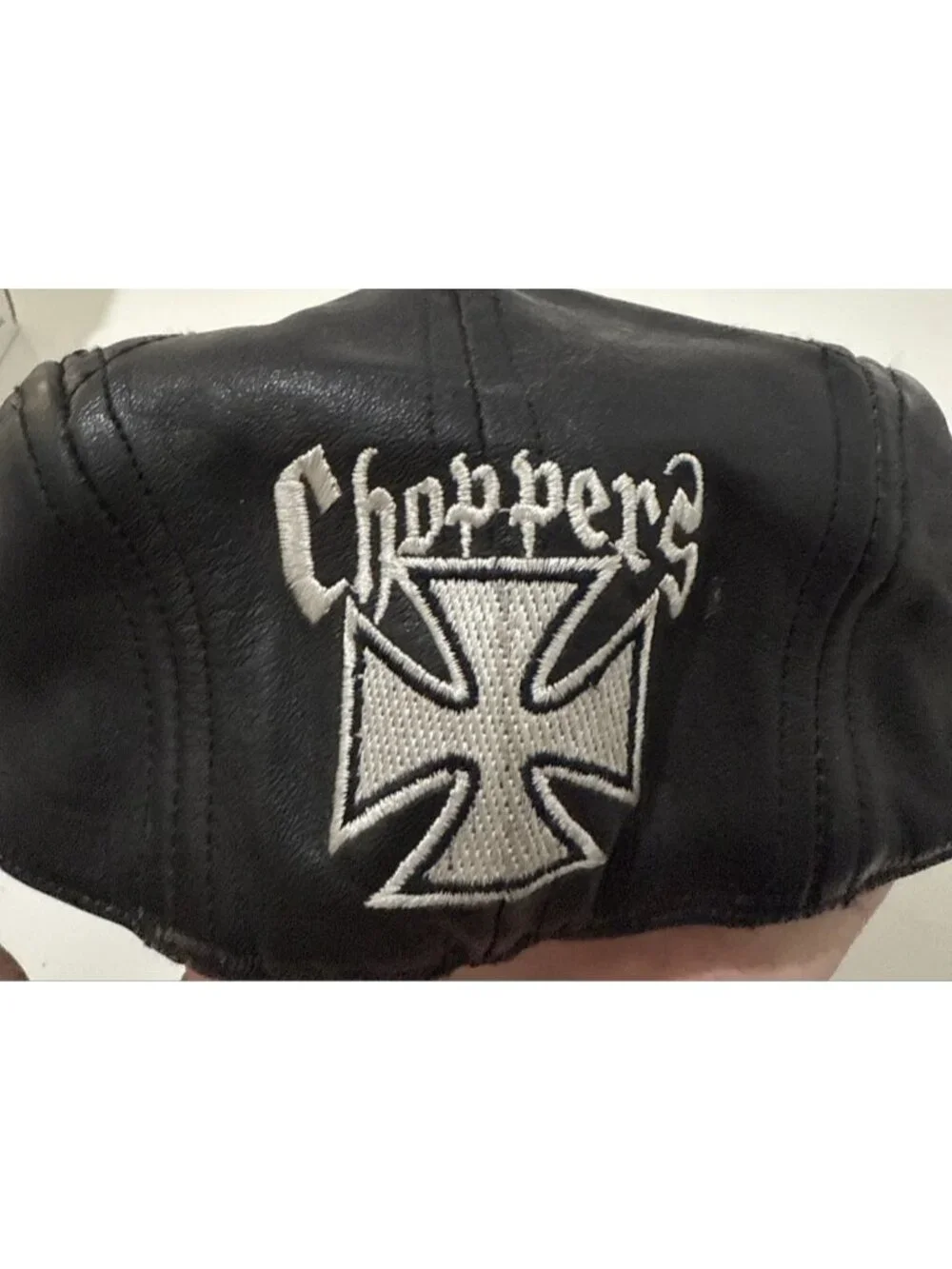 Vintage Black Leather Biker Hat Cap Embroidered 'Choppers' Size S/M